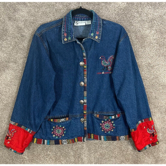 S Collection Jacket Womens Large Blue Denim Southwestern Embroidered Boho Y2K - Picture 1 of 12